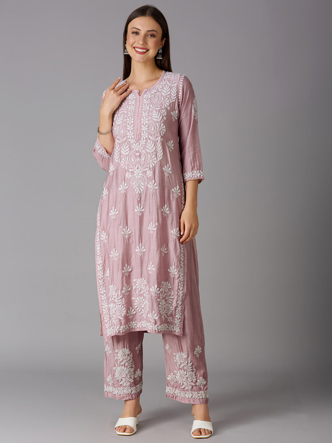 Lucknow Chikankari Hand Embroidered Kurta and Palazzo Set Chanderi Silk