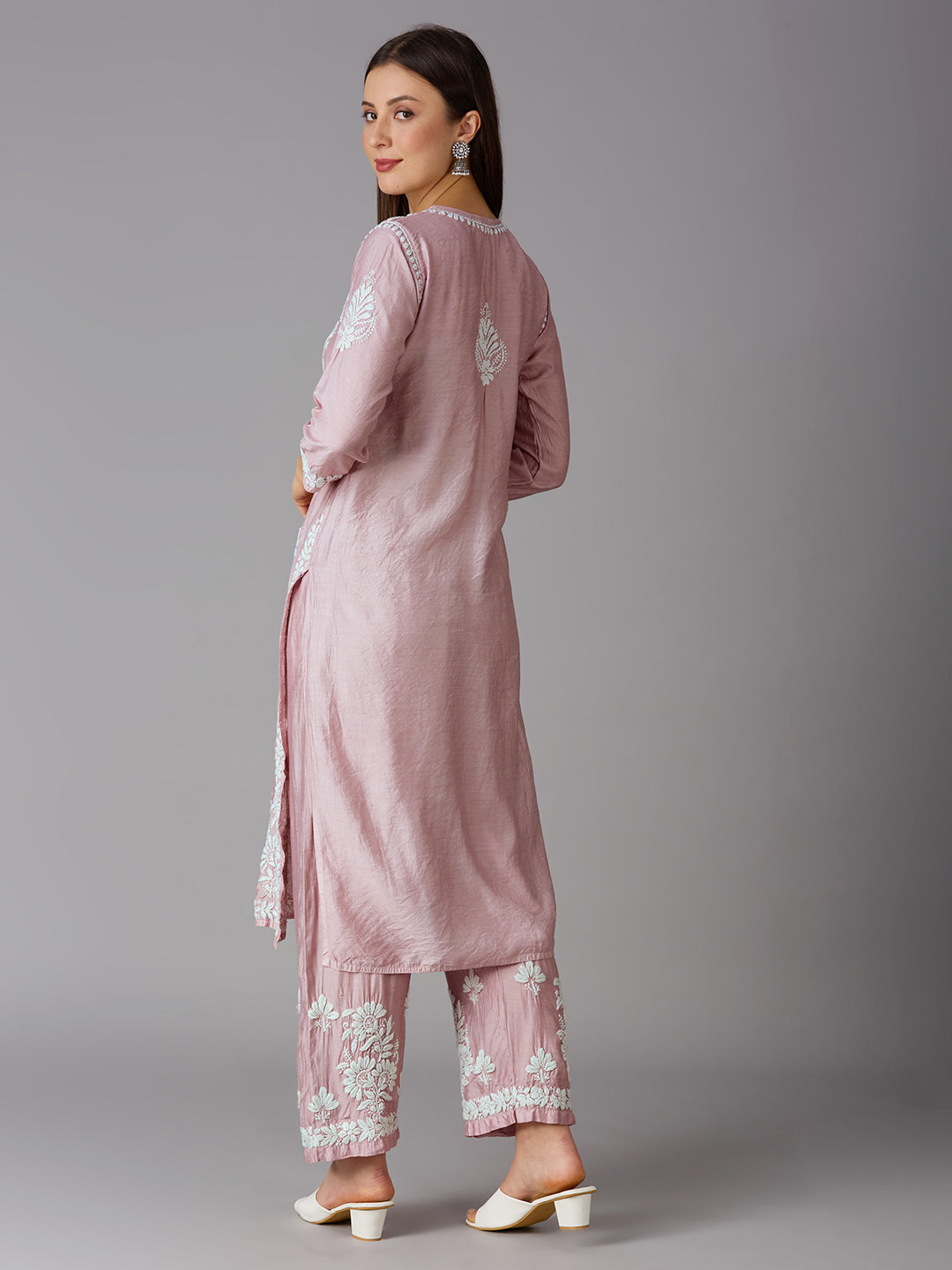 Lucknow Chikankari Hand Embroidered Kurta and Palazzo Set Chanderi Silk