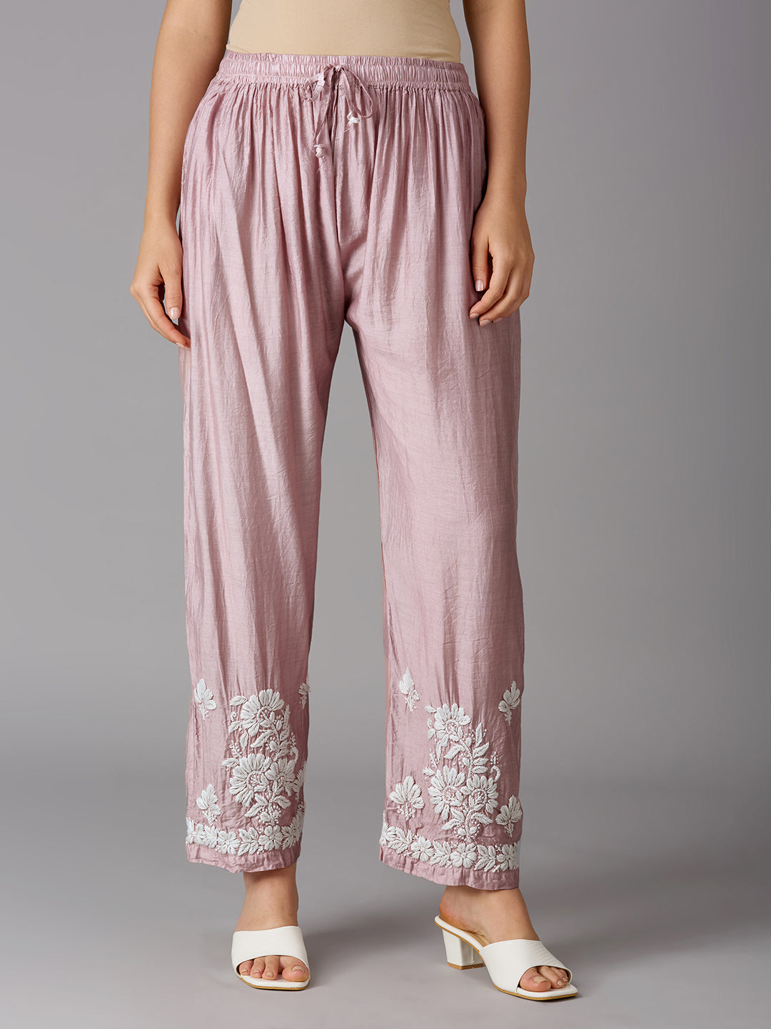 Lucknow Chikankari Hand Embroidered Kurta and Palazzo Set Chanderi Silk