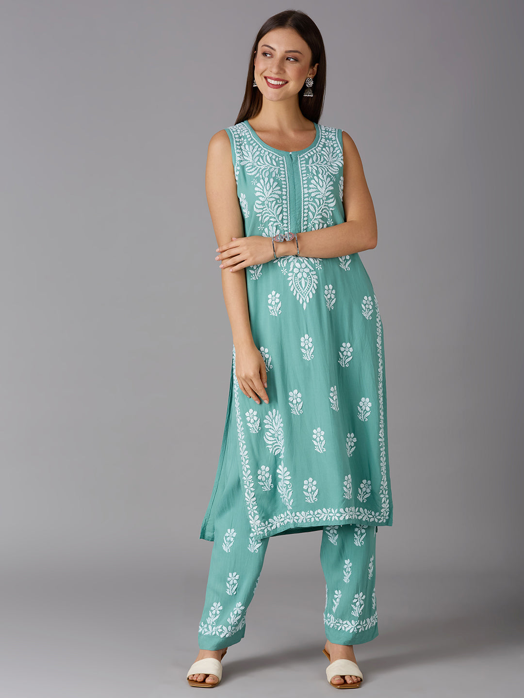 Lucknow Chikankari Hand Embroidered Kurta and Palazzo Set Rayon