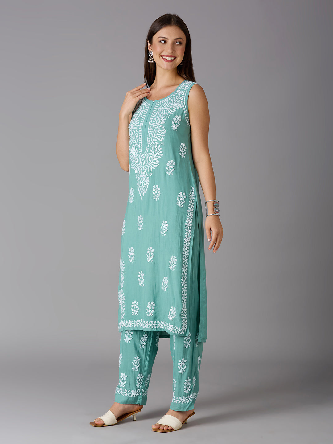 Lucknow Chikankari Hand Embroidered Kurta and Palazzo Set Rayon
