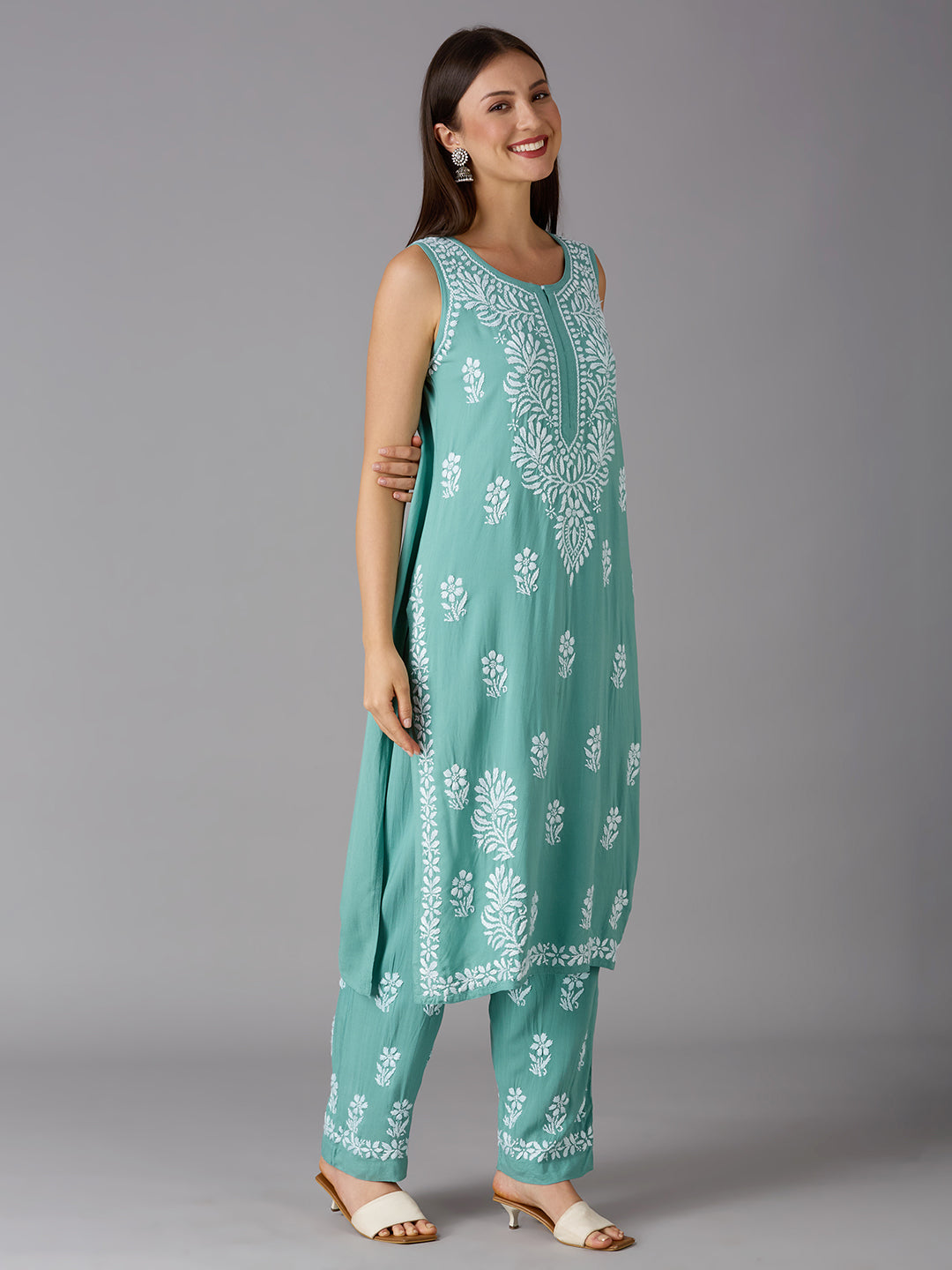 Lucknow Chikankari Hand Embroidered Kurta and Palazzo Set Rayon