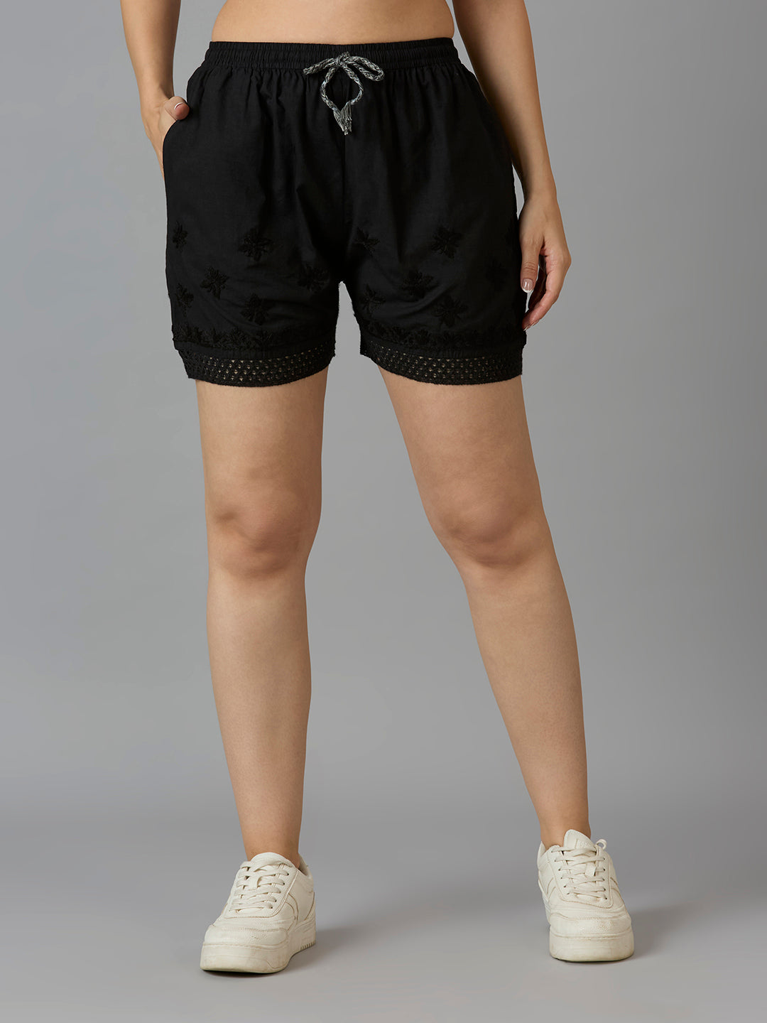 Indiankala4U Women's Pure Cotton Hand Embroidered Chikankari Shorts with Crochet Hem   High-Rise  Drawstring Waist