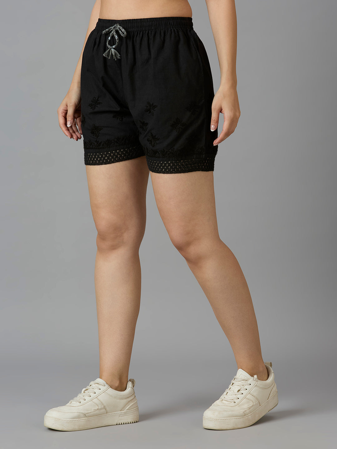 Indiankala4U Women's Pure Cotton Hand Embroidered Chikankari Shorts with Crochet Hem   High-Rise  Drawstring Waist