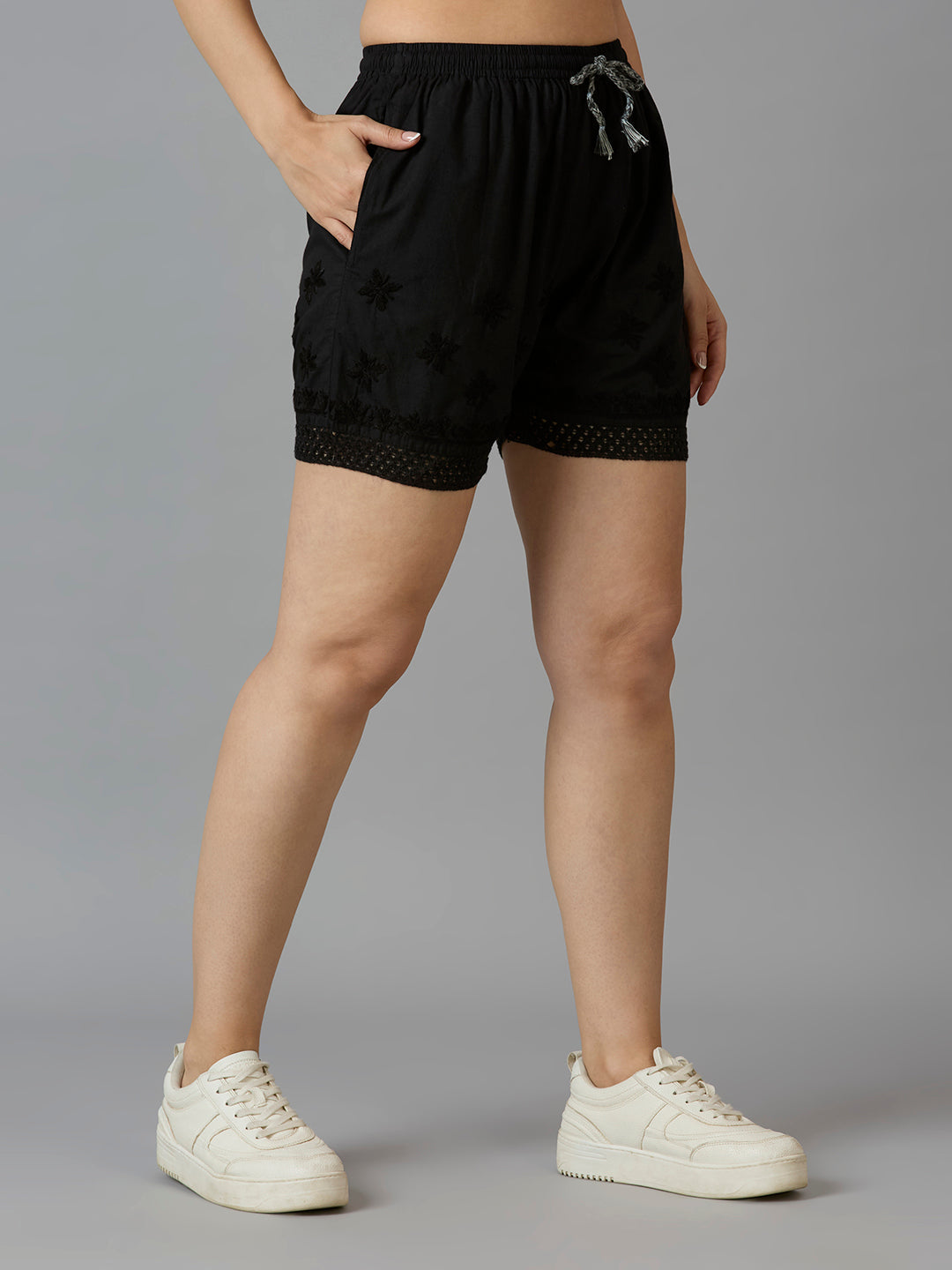 Indiankala4U Women's Pure Cotton Hand Embroidered Chikankari Shorts with Crochet Hem   High-Rise  Drawstring Waist