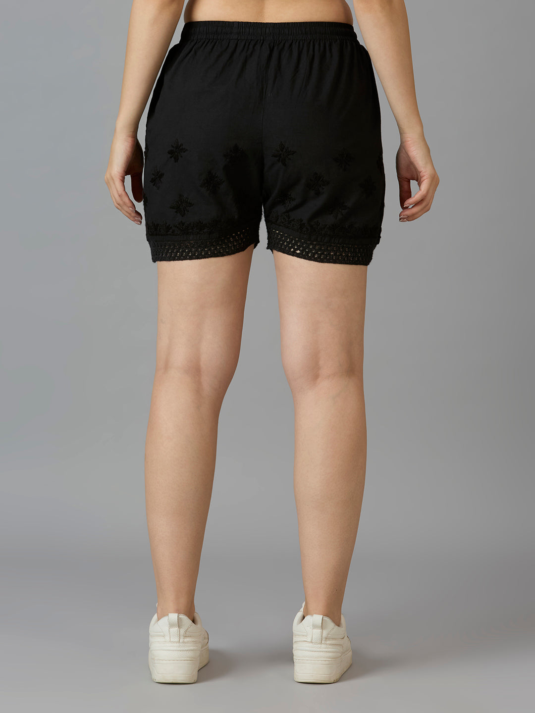 Indiankala4U Women's Pure Cotton Hand Embroidered Chikankari Shorts with Crochet Hem   High-Rise  Drawstring Waist