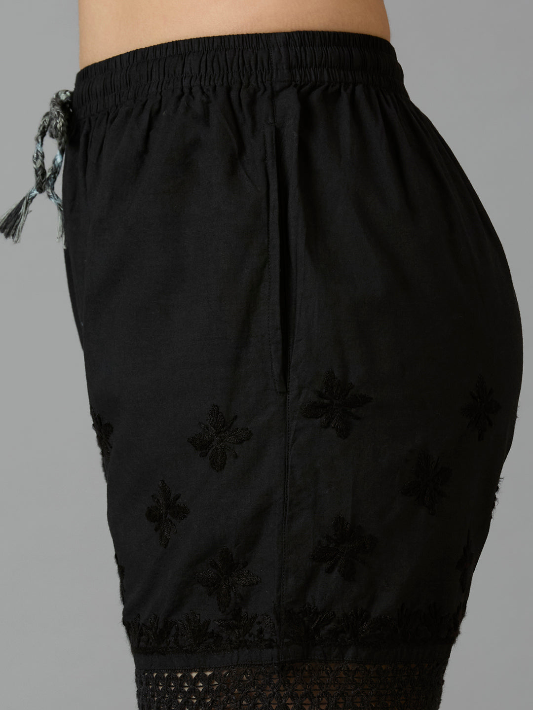 Indiankala4U Women's Pure Cotton Hand Embroidered Chikankari Shorts with Crochet Hem   High-Rise  Drawstring Waist