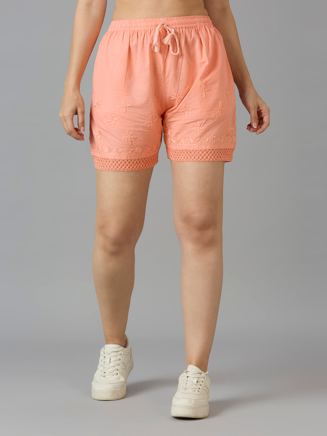 Indiankala4U Women's Pure Cotton Hand Embroidered Chikankari Shorts with Crochet Hem   High-Rise  Drawstring Waist