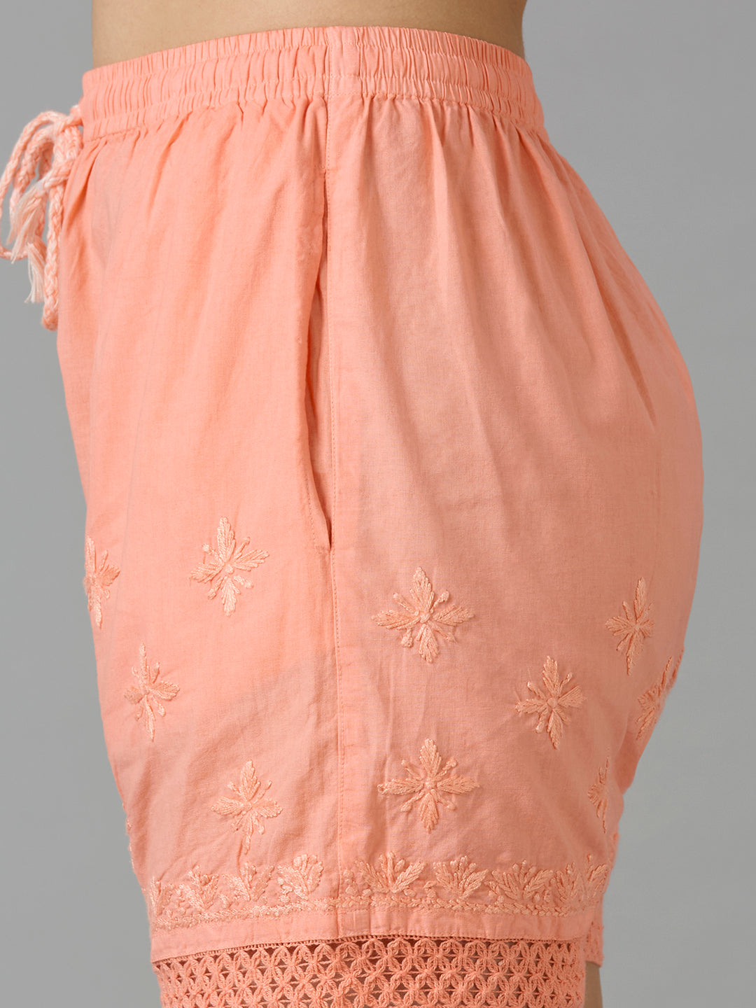 Indiankala4U Women's Pure Cotton Hand Embroidered Chikankari Shorts with Crochet Hem   High-Rise  Drawstring Waist