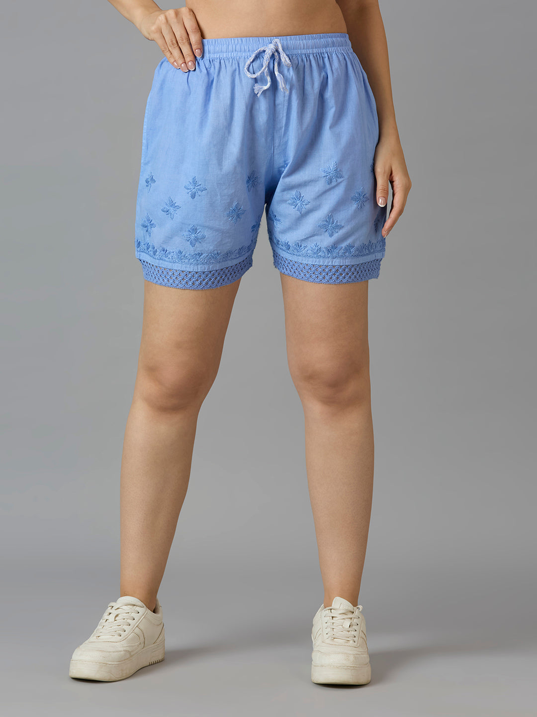 Indiankala4U Women's Pure Cotton Hand Embroidered Chikankari Shorts with Crochet Hem   High-Rise  Drawstring Waist