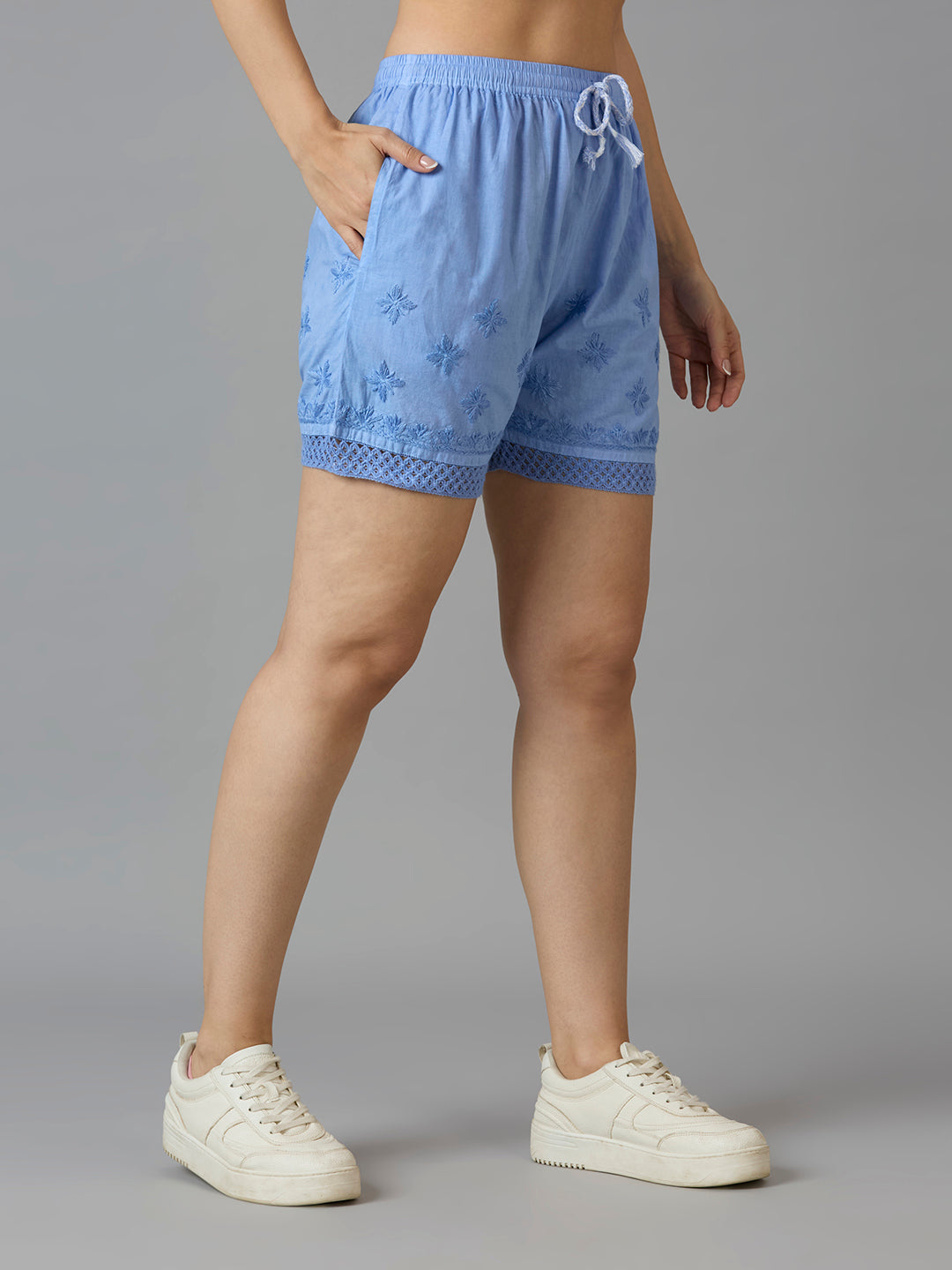 Indiankala4U Women's Pure Cotton Hand Embroidered Chikankari Shorts with Crochet Hem   High-Rise  Drawstring Waist