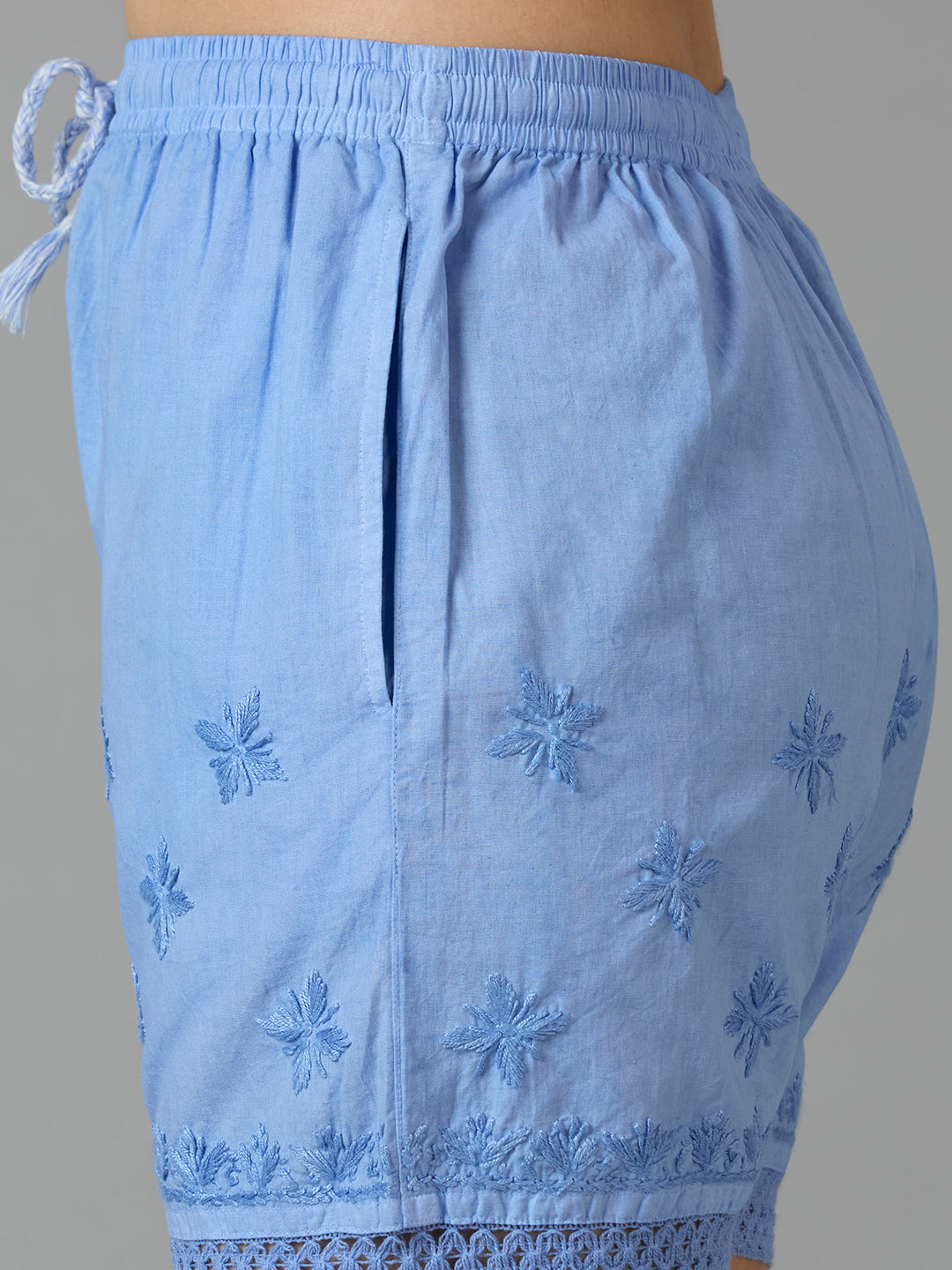 Indiankala4U Women's Pure Cotton Hand Embroidered Chikankari Shorts with Crochet Hem   High-Rise  Drawstring Waist