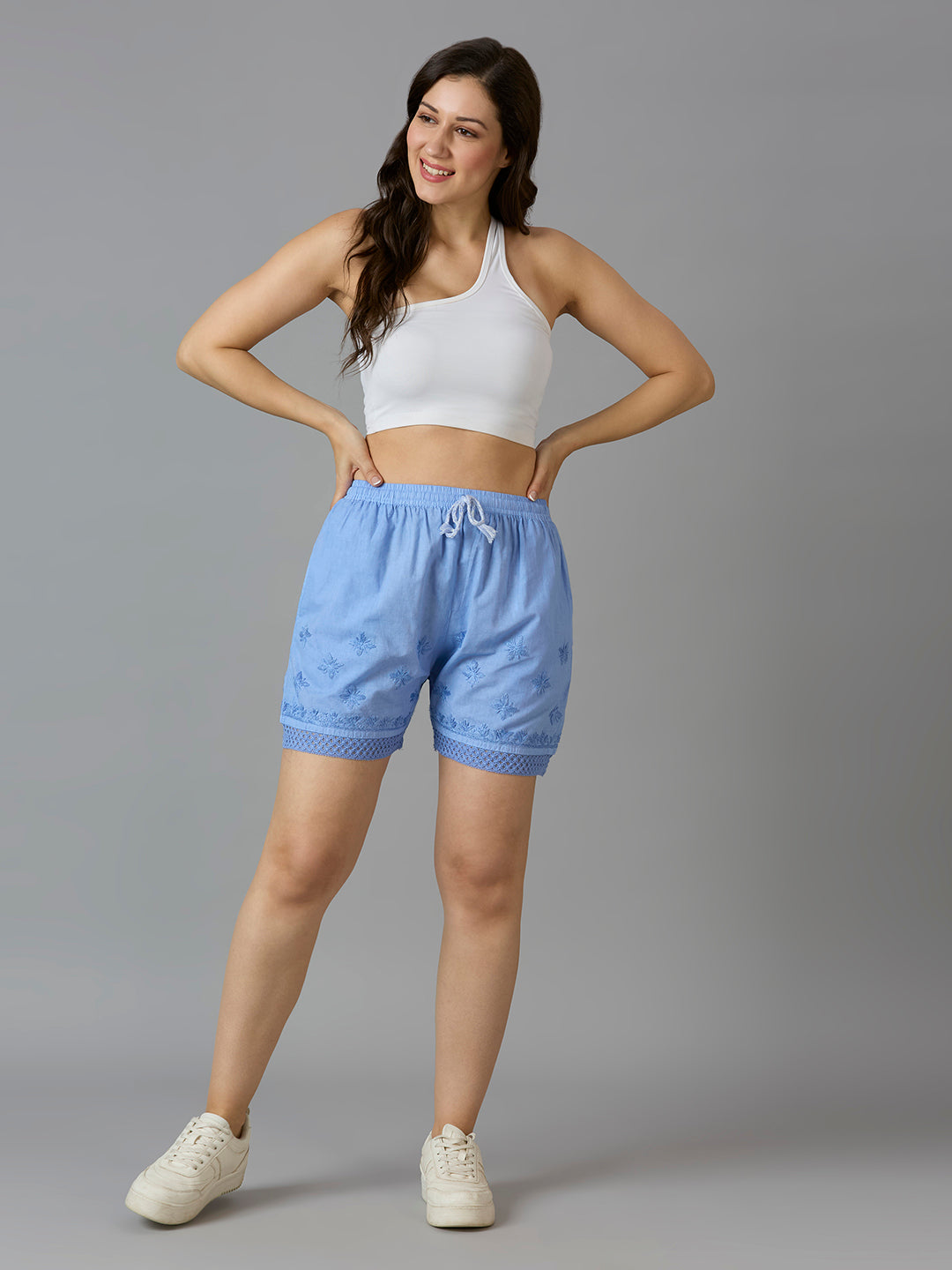 Indiankala4U Women's Pure Cotton Hand Embroidered Chikankari Shorts with Crochet Hem   High-Rise  Drawstring Waist