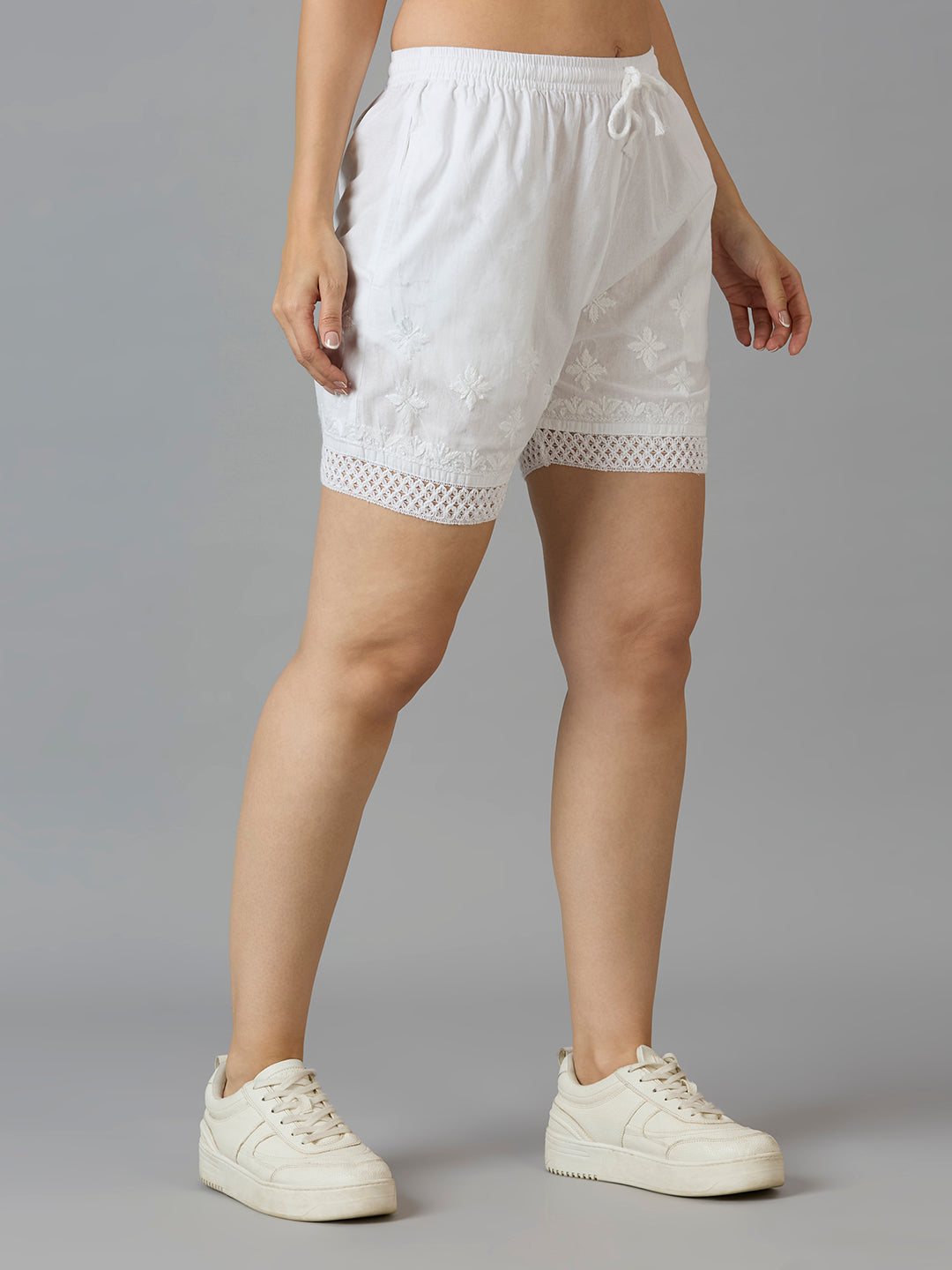 Indiankala4U Women's Pure Cotton Hand Embroidered Chikankari Shorts with Crochet Hem   High-Rise  Drawstring Waist