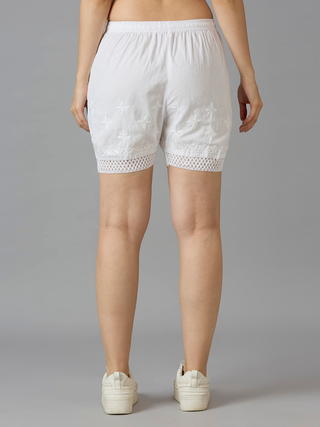 Indiankala4U Women's Pure Cotton Hand Embroidered Chikankari Shorts with Crochet Hem   High-Rise  Drawstring Waist