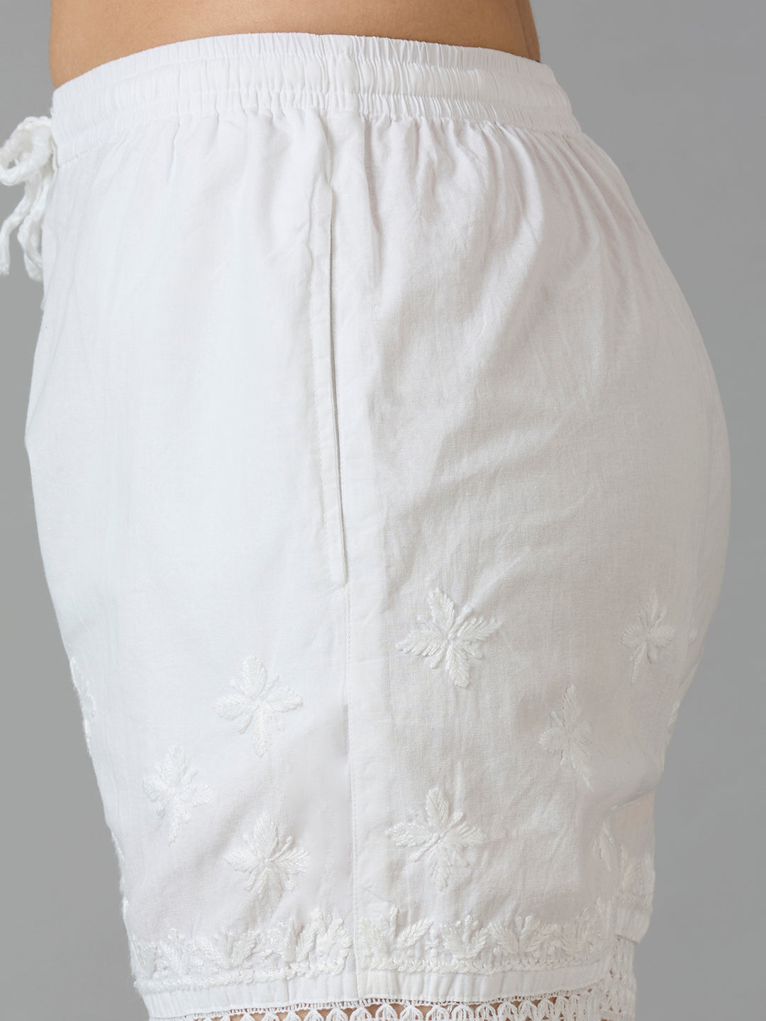 Indiankala4U Women's Pure Cotton Hand Embroidered Chikankari Shorts with Crochet Hem   High-Rise  Drawstring Waist