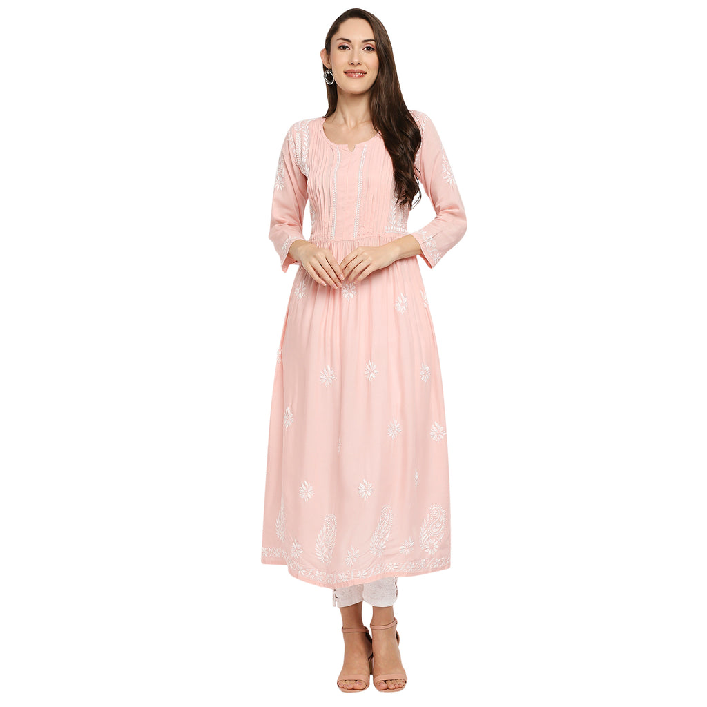 Lucknow Chikankari Hand Embroidered Fit & Flare long kurti Gown for Women  Modal Cotton eCustomerfirst Retail LLP