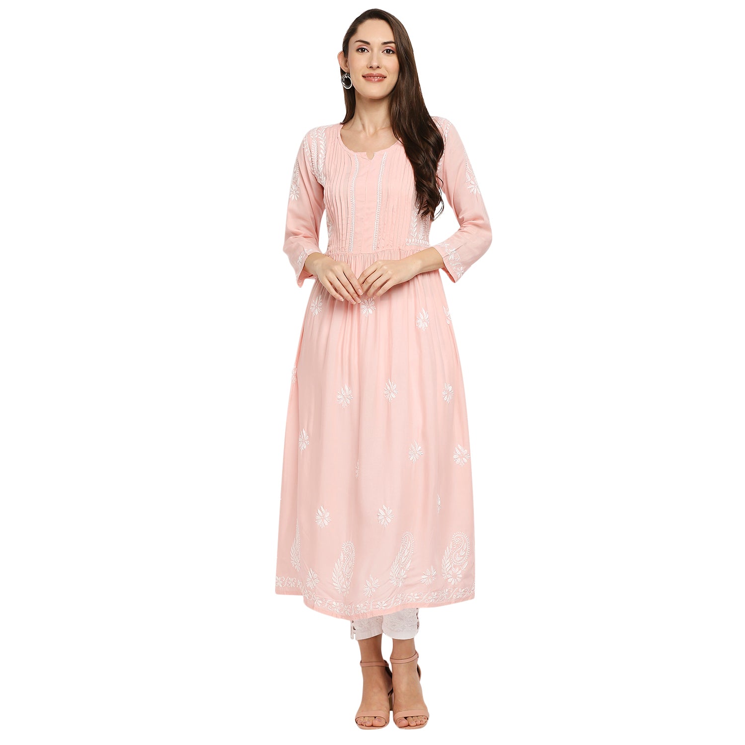 Lucknow Chikankari Hand Embroidered Fit & Flare long kurti Gown for Women  Modal Cotton eCustomerfirst Retail LLP