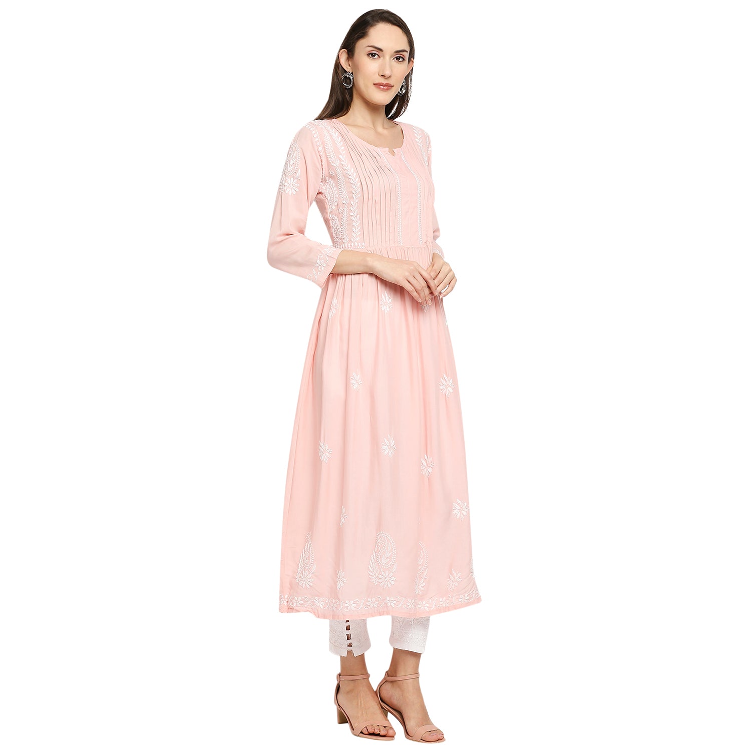 Lucknow Chikankari Hand Embroidered Fit & Flare long kurti Gown for Women  Modal Cotton eCustomerfirst Retail LLP