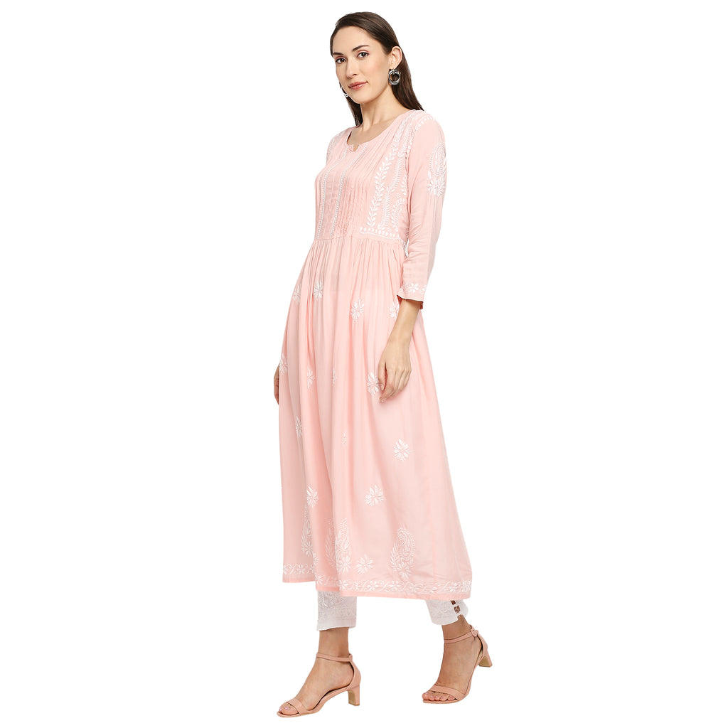 Lucknow Chikankari Hand Embroidered Fit & Flare long kurti Gown for Women  Modal Cotton eCustomerfirst Retail LLP