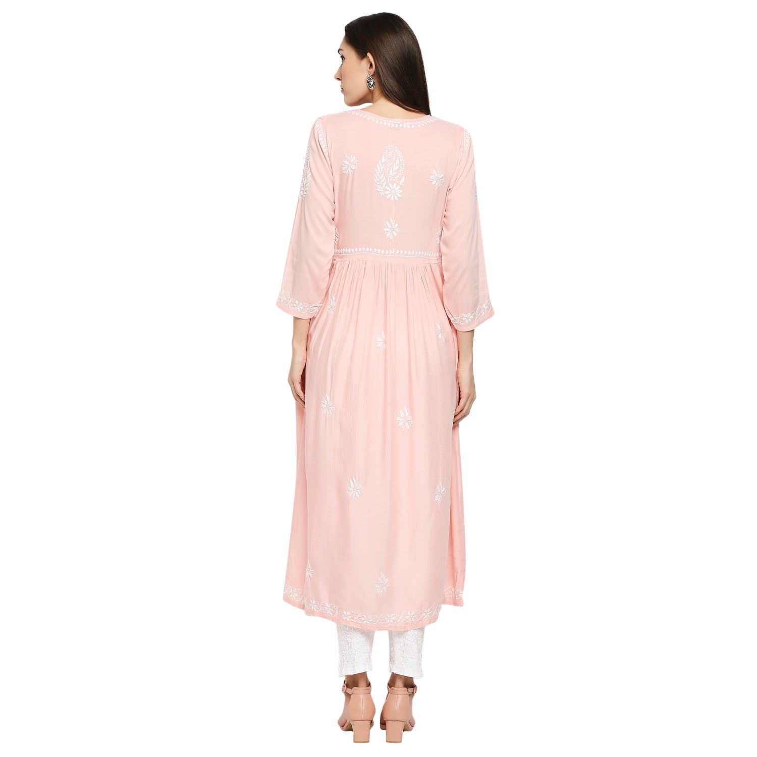 Lucknow Chikankari Hand Embroidered Fit & Flare long kurti Gown for Women  Modal Cotton eCustomerfirst Retail LLP
