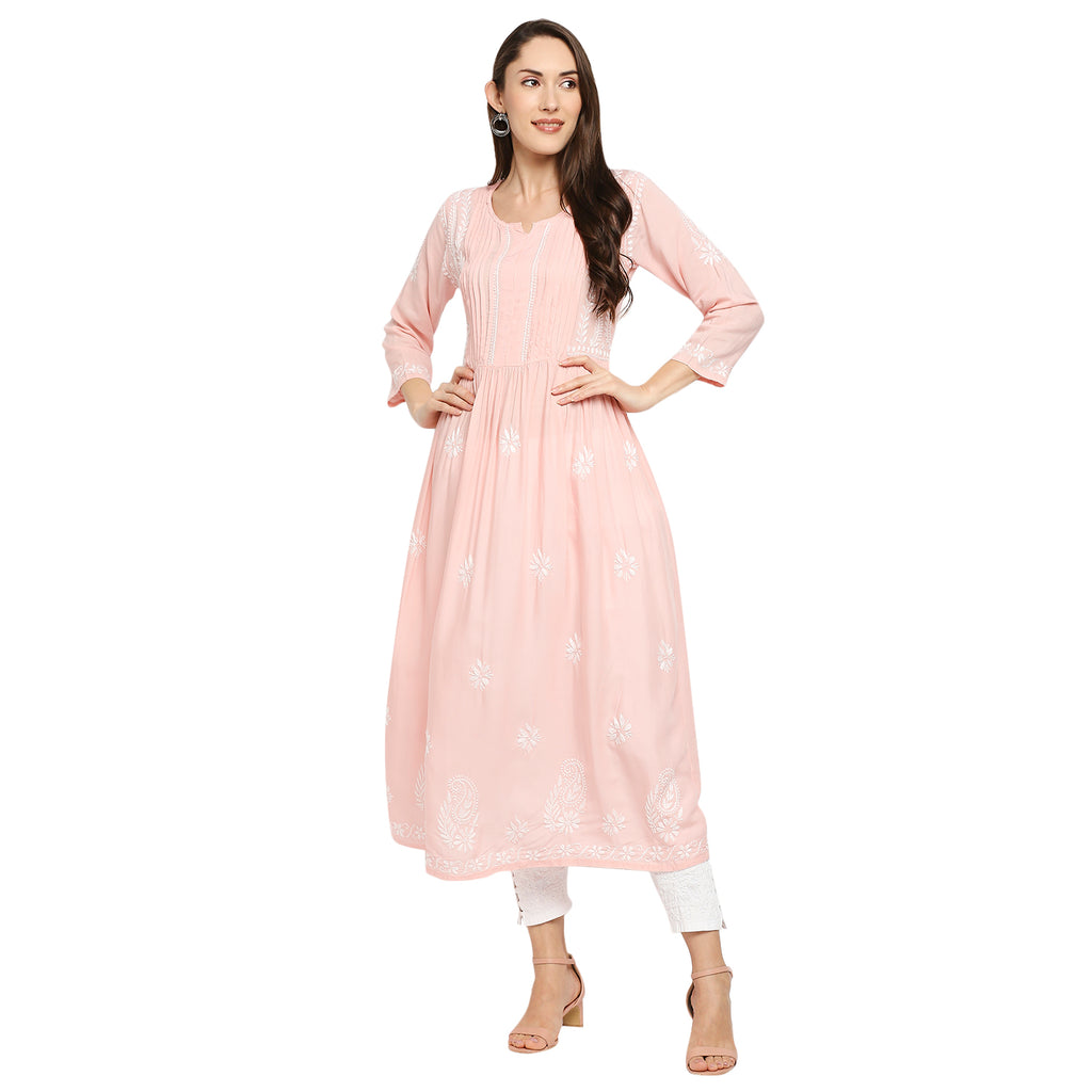 Lucknow Chikankari Hand Embroidered Fit & Flare long kurti Gown for Women  Modal Cotton eCustomerfirst Retail LLP