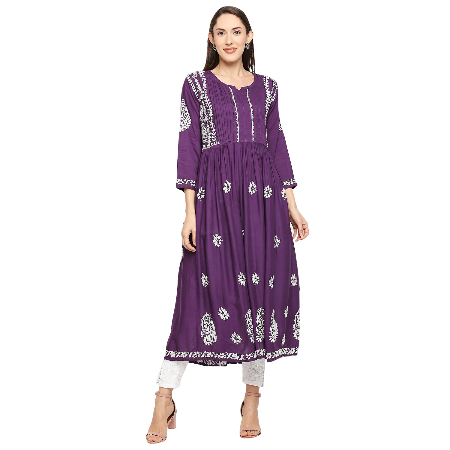 Lucknow Chikankari Hand Embroidered Fit & Flare long kurti Gown for Women  Modal Cotton eCustomerfirst Retail LLP