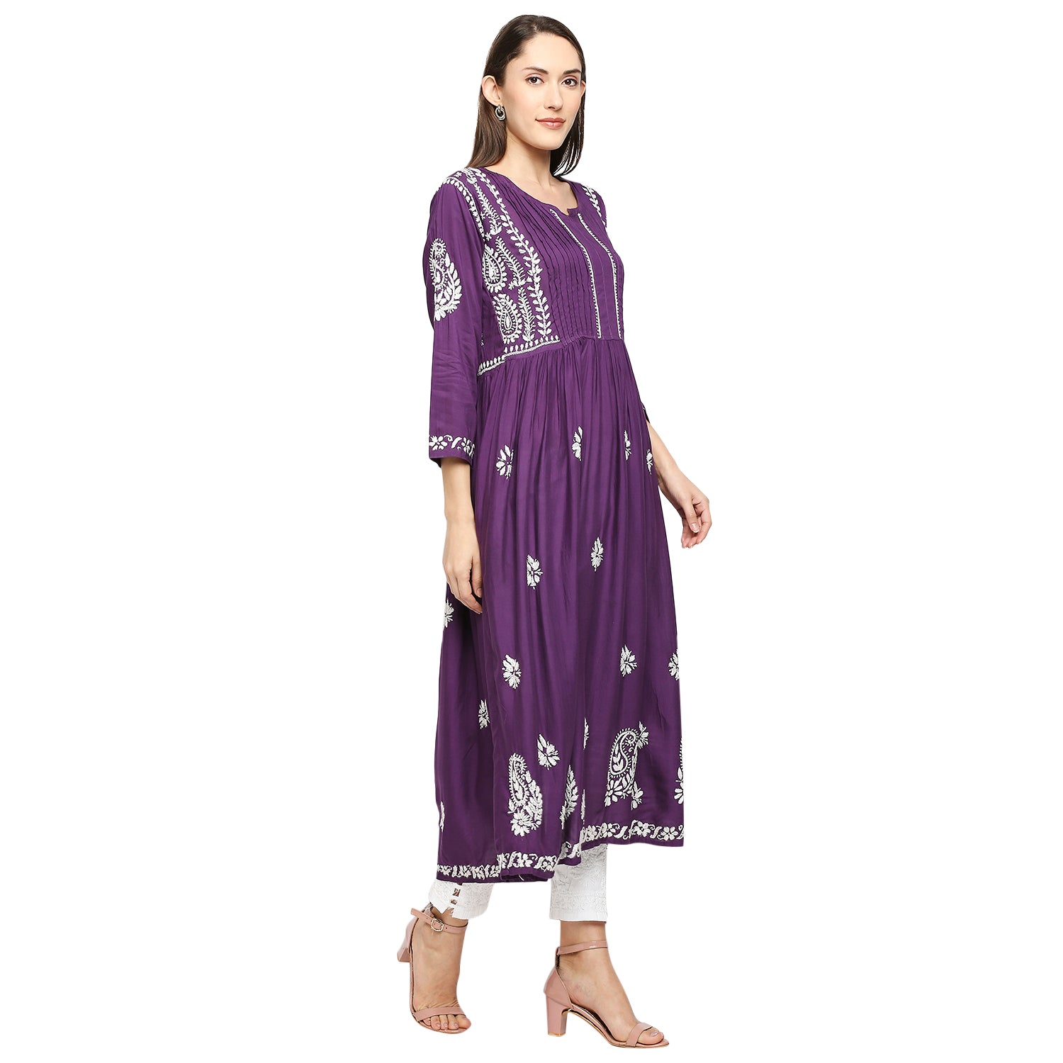 Lucknow Chikankari Hand Embroidered Fit & Flare long kurti Gown for Women  Modal Cotton eCustomerfirst Retail LLP