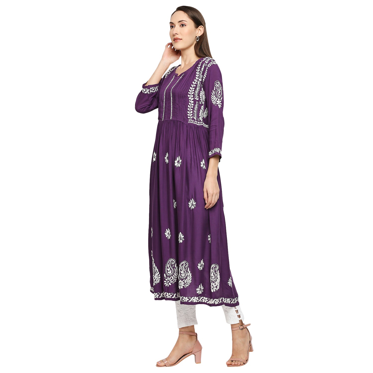 Lucknow Chikankari Hand Embroidered Fit & Flare long kurti Gown for Women  Modal Cotton eCustomerfirst Retail LLP