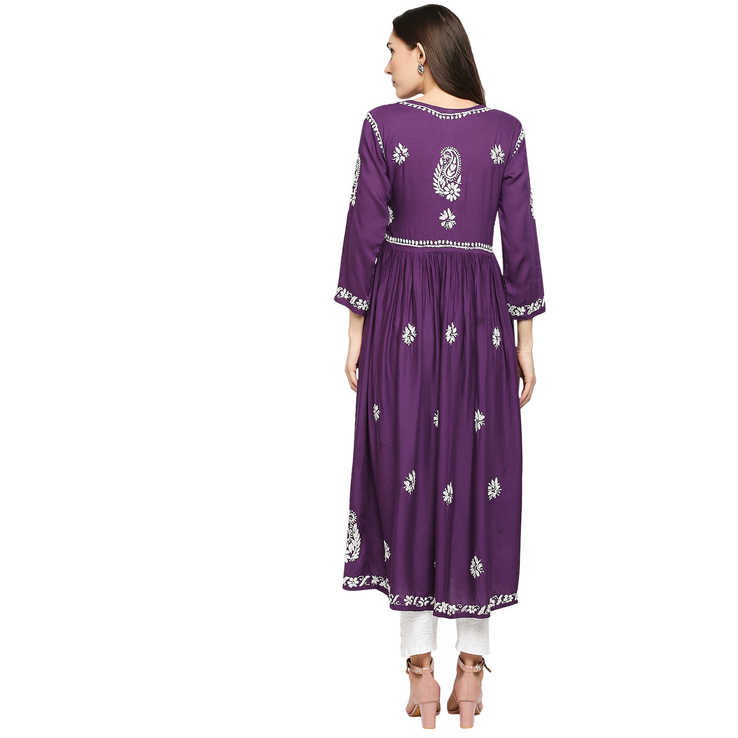Lucknow Chikankari Hand Embroidered Fit & Flare long kurti Gown for Women  Modal Cotton eCustomerfirst Retail LLP
