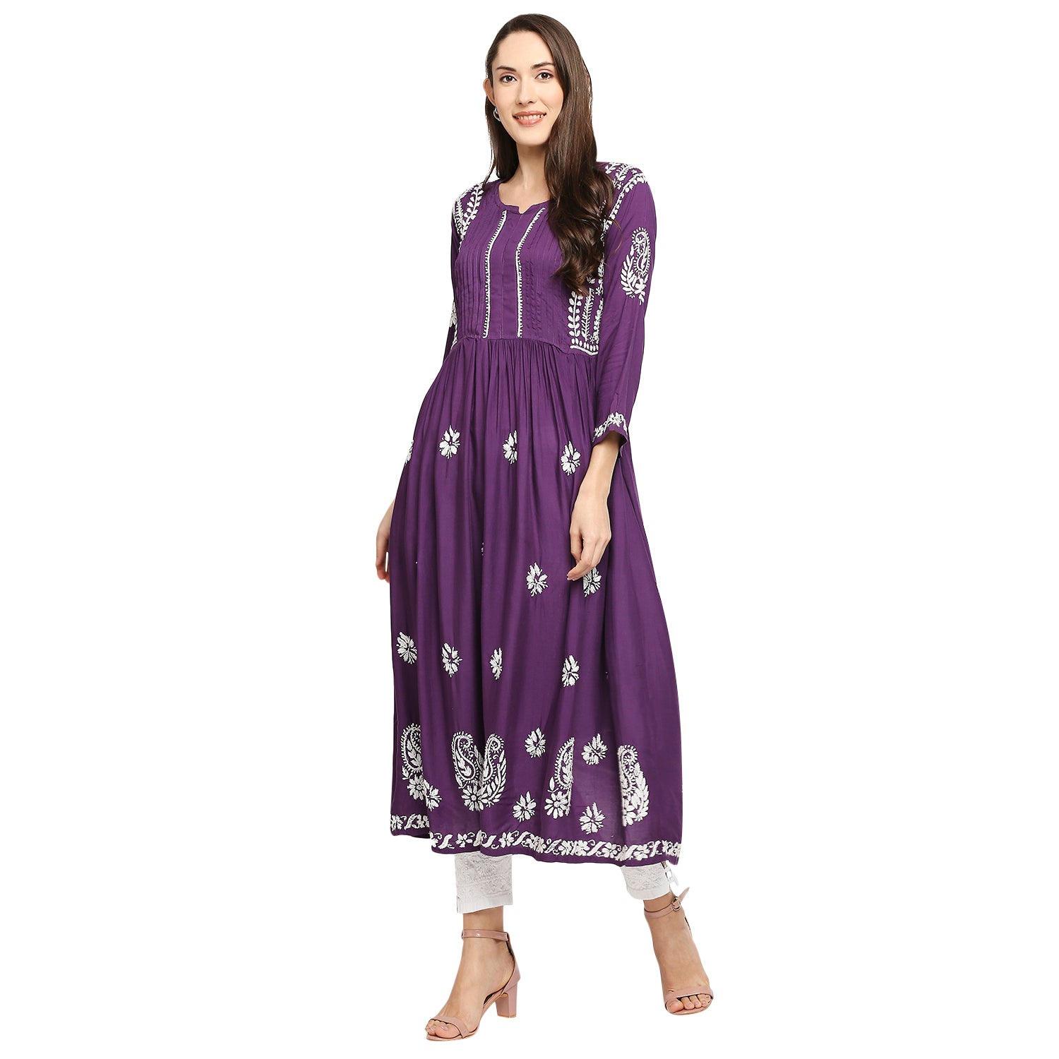 Lucknow Chikankari Hand Embroidered Fit & Flare long kurti Gown for Women  Modal Cotton eCustomerfirst Retail LLP