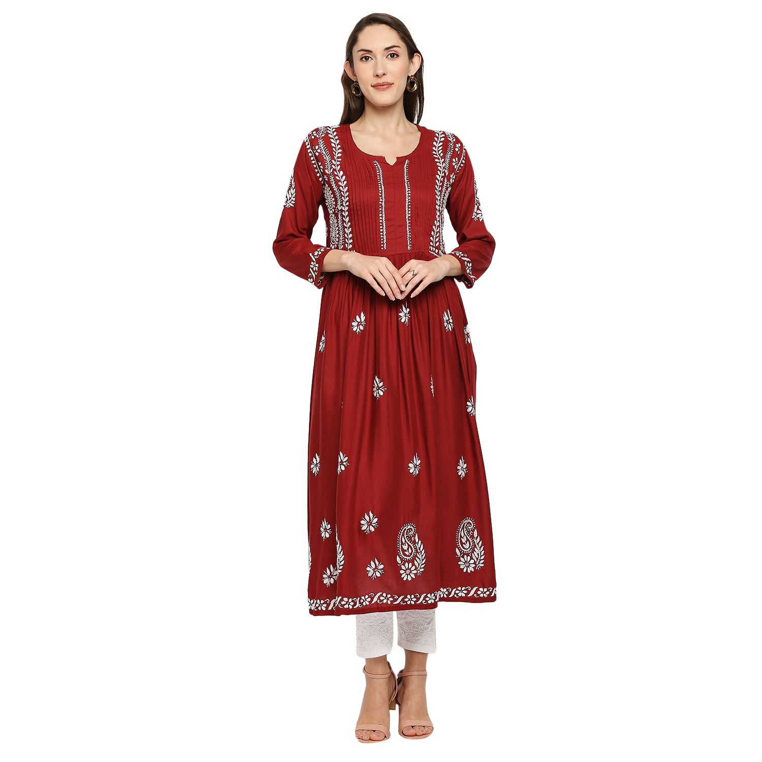 Lucknow Chikankari Hand Embroidered Fit & Flare long kurti Gown for Women  Modal Cotton eCustomerfirst Retail LLP