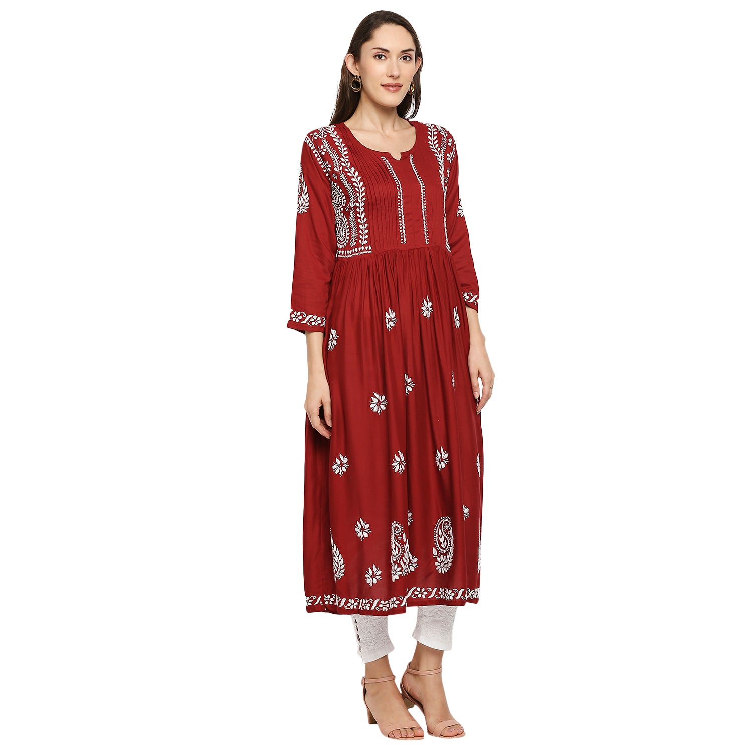 Lucknow Chikankari Hand Embroidered Fit & Flare long kurti Gown for Women  Modal Cotton eCustomerfirst Retail LLP