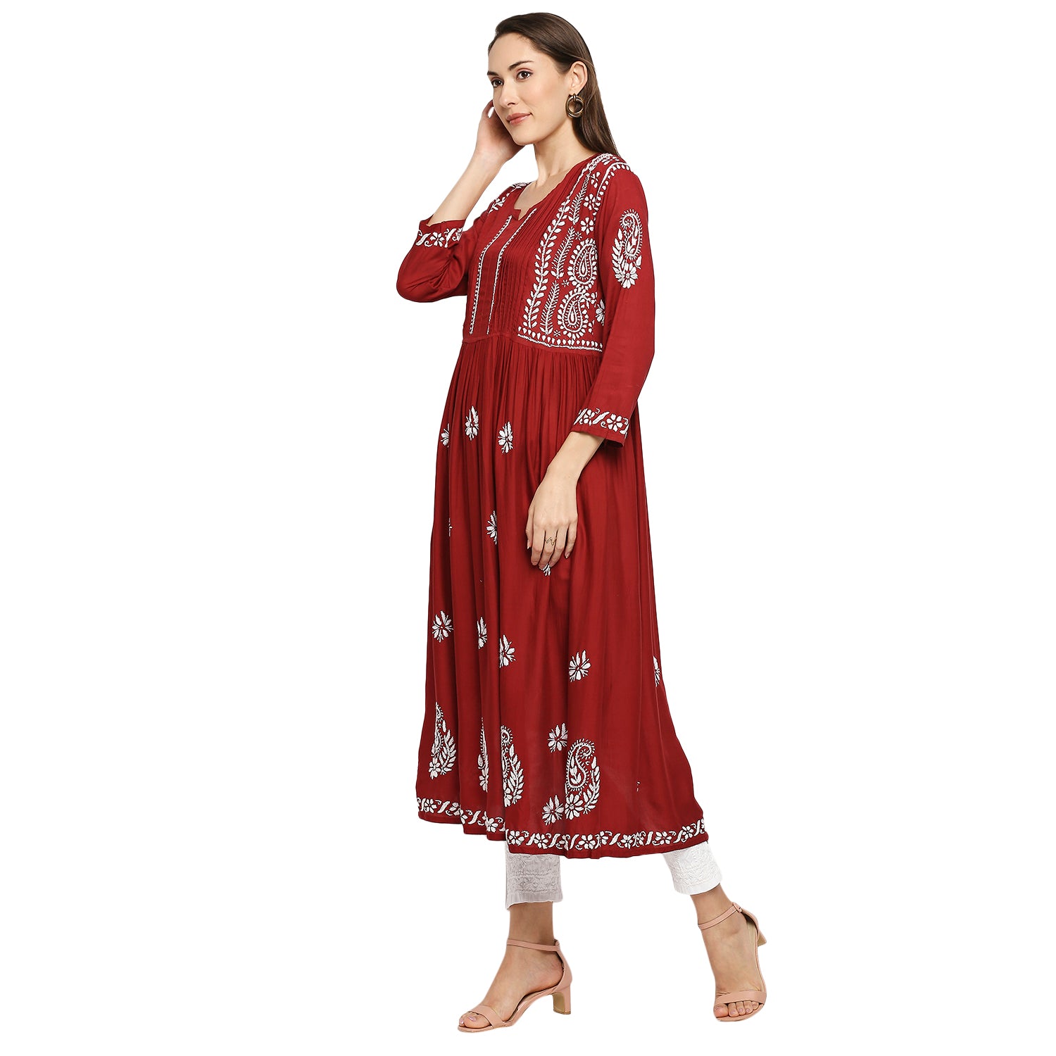 Lucknow Chikankari Hand Embroidered Fit & Flare long kurti Gown for Women  Modal Cotton eCustomerfirst Retail LLP