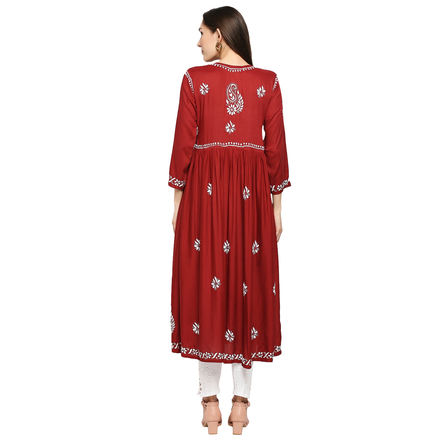 Lucknow Chikankari Hand Embroidered Fit & Flare long kurti Gown for Women  Modal Cotton eCustomerfirst Retail LLP