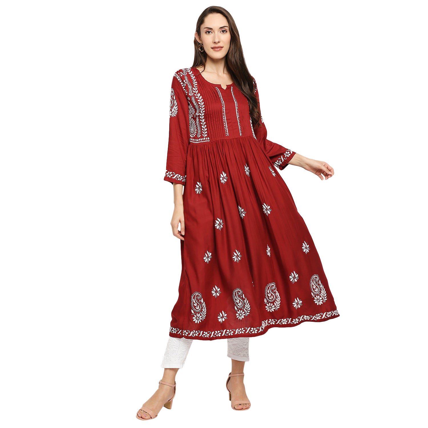 Lucknow Chikankari Hand Embroidered Fit & Flare long kurti Gown for Women  Modal Cotton eCustomerfirst Retail LLP