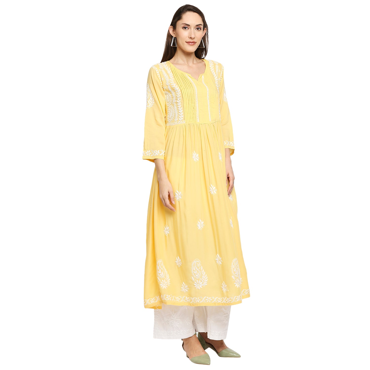 Lucknow Chikankari Hand Embroidered Fit & Flare long kurti Gown for Women  Modal Cotton eCustomerfirst Retail LLP