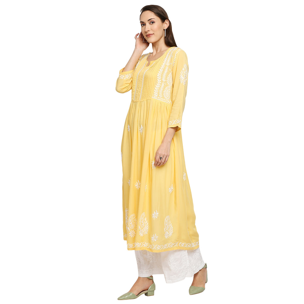 Lucknow Chikankari Hand Embroidered Fit & Flare long kurti Gown for Women  Modal Cotton eCustomerfirst Retail LLP