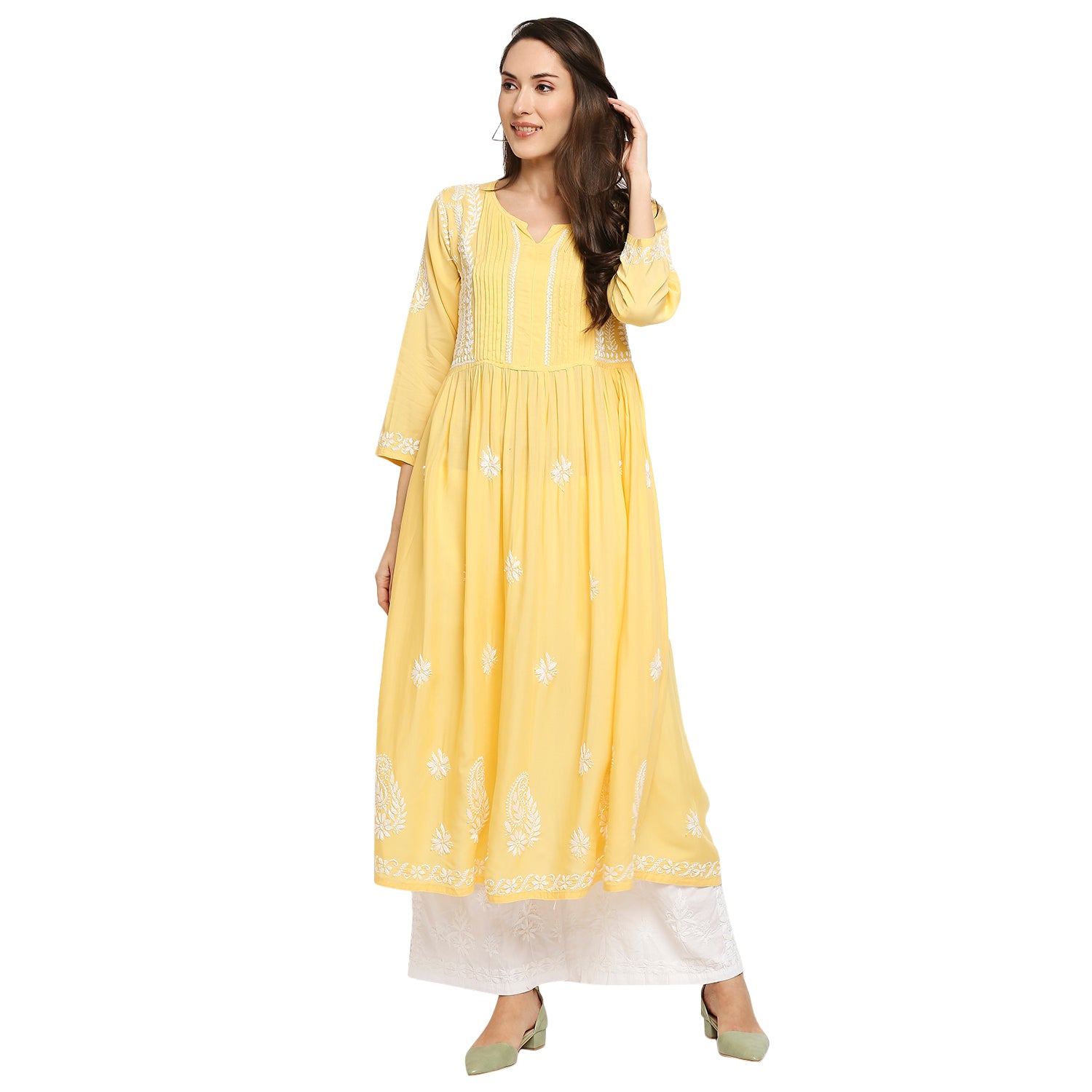 Lucknow Chikankari Hand Embroidered Fit & Flare long kurti Gown for Women  Modal Cotton eCustomerfirst Retail LLP