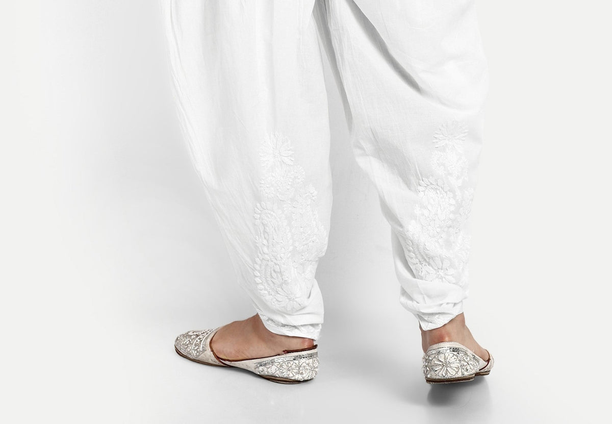 Chikankari Hand Embroidered Dhoti Salwar Tulip Pants Palazzo White - Indiankala4u