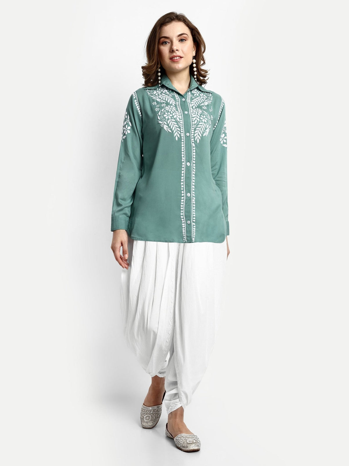 Chikankari Hand Embroidered Dhoti Salwar Tulip Pants Palazzo White - Indiankala4u