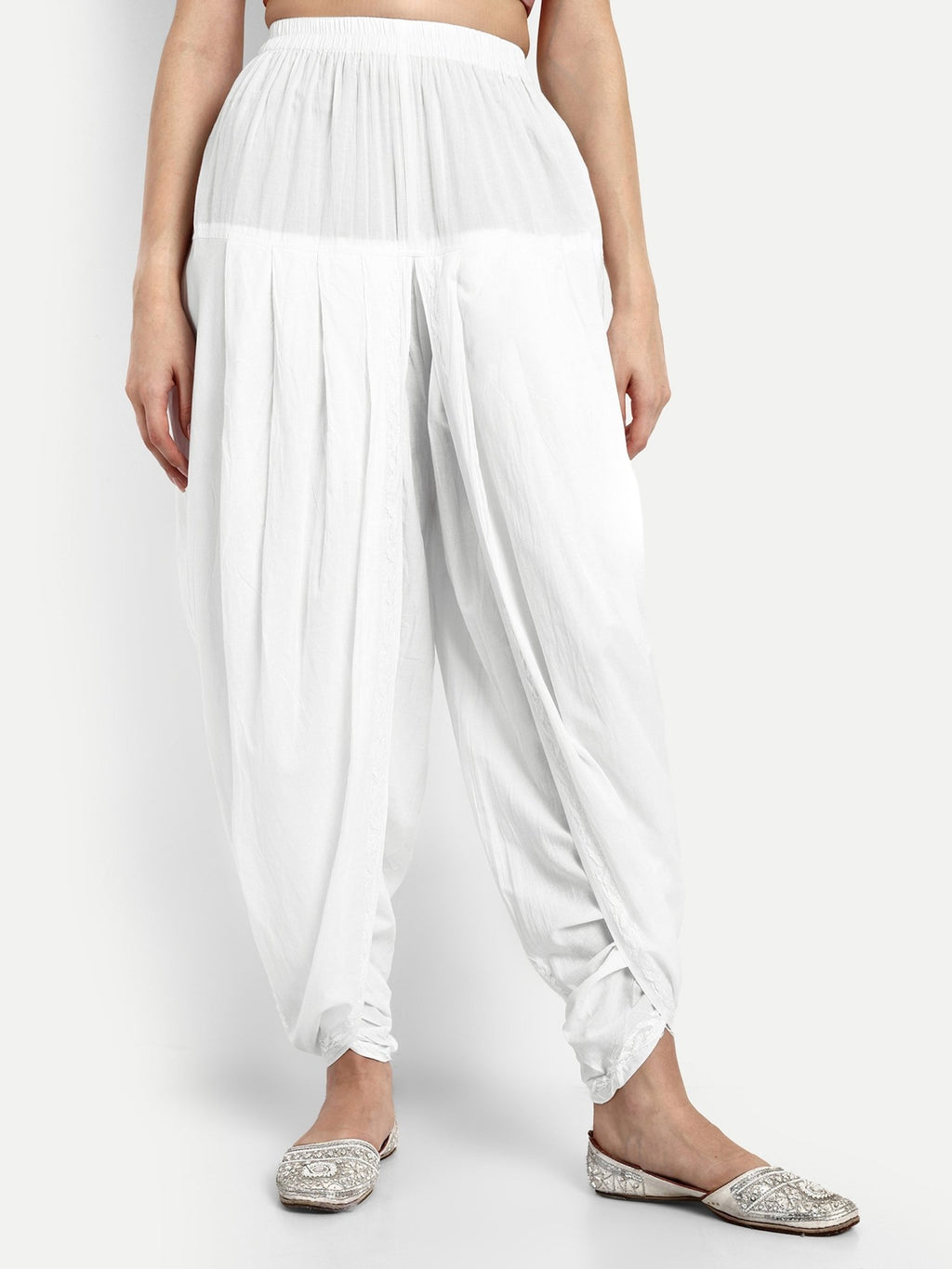 Chikankari Hand Embroidered Dhoti Salwar Tulip Pants Palazzo White - Indiankala4u