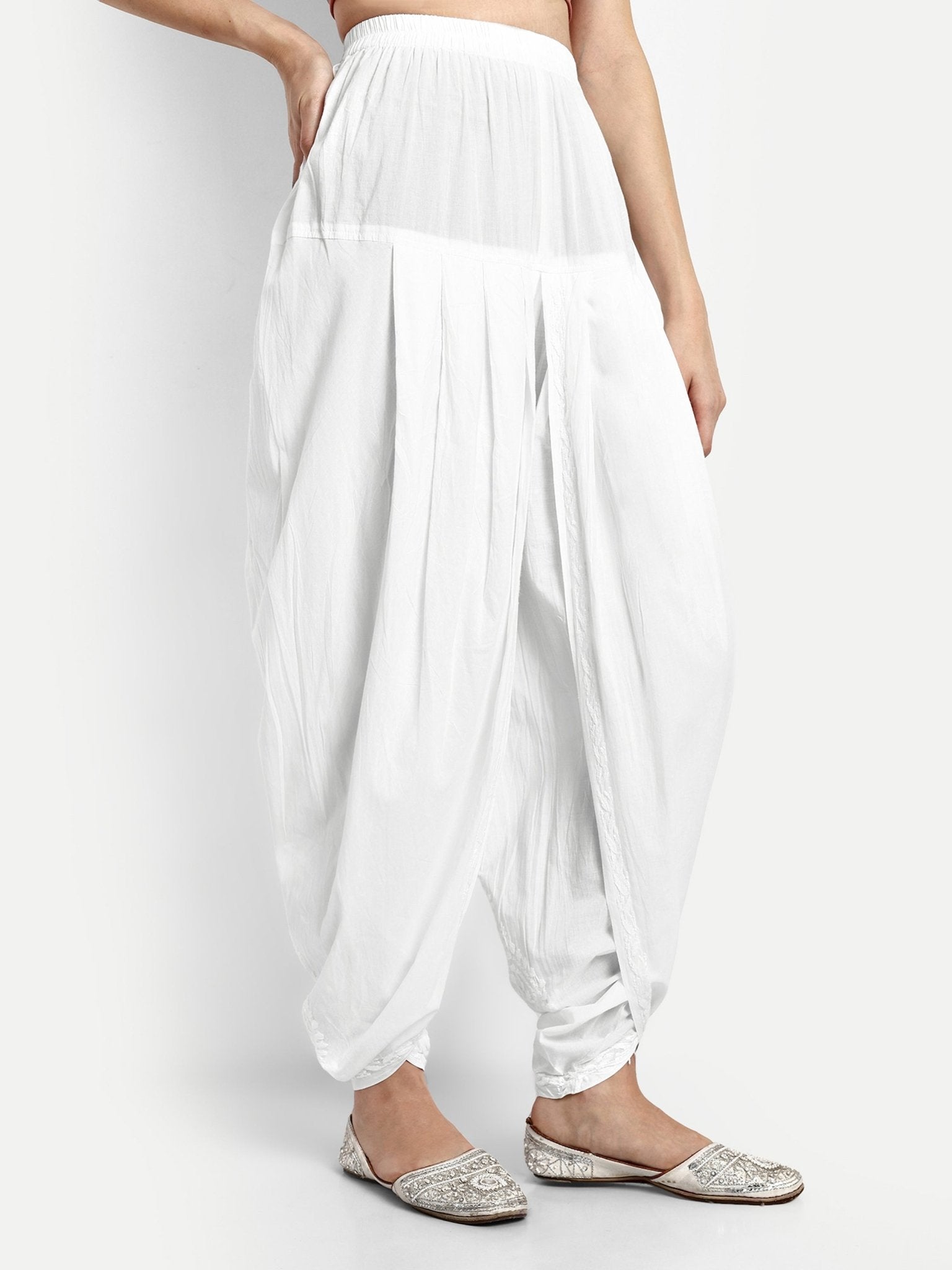 Chikankari Hand Embroidered Dhoti Salwar Tulip Pants Palazzo White - Indiankala4u