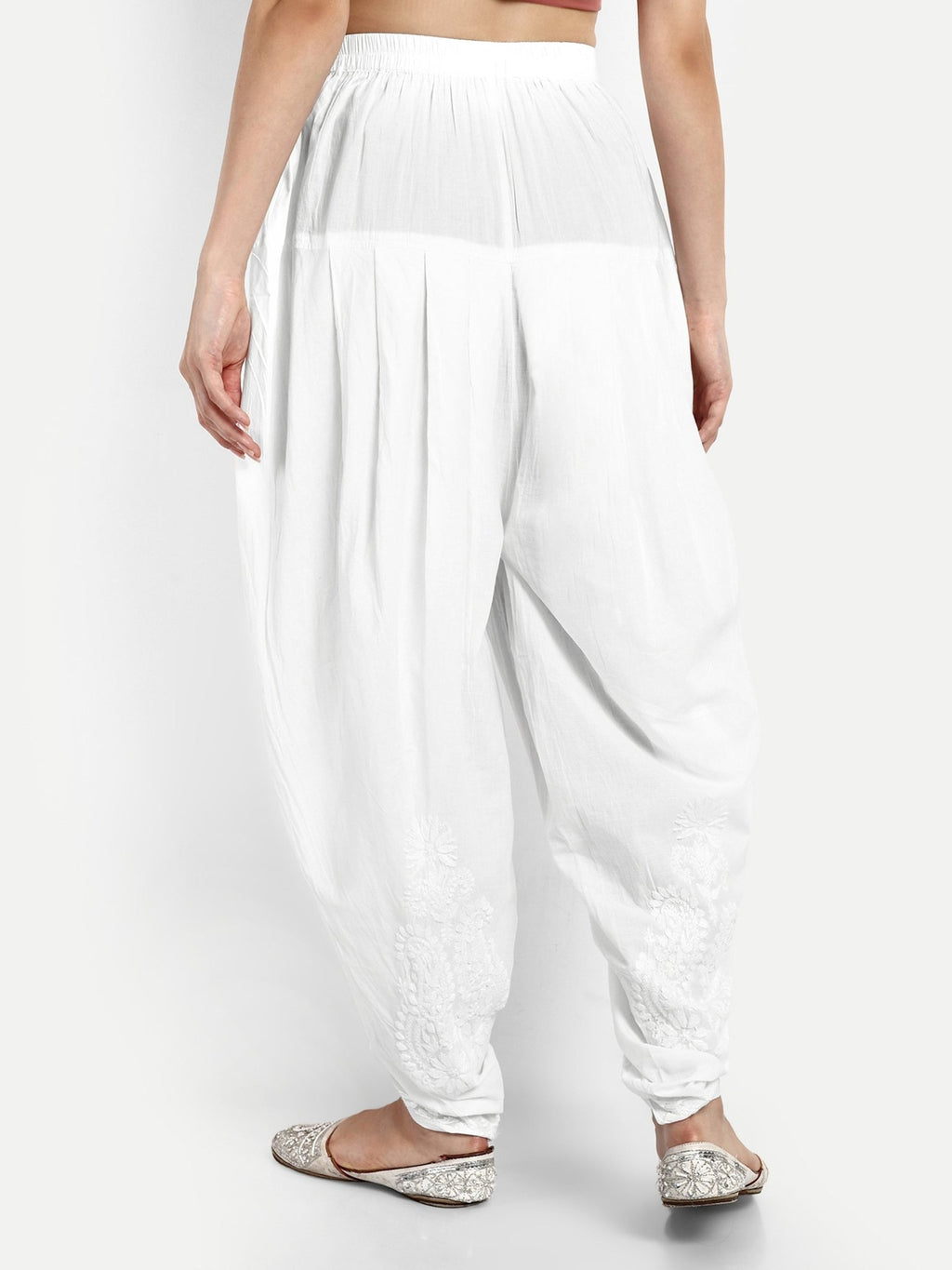 Chikankari Hand Embroidered Dhoti Salwar Tulip Pants Palazzo White - Indiankala4u