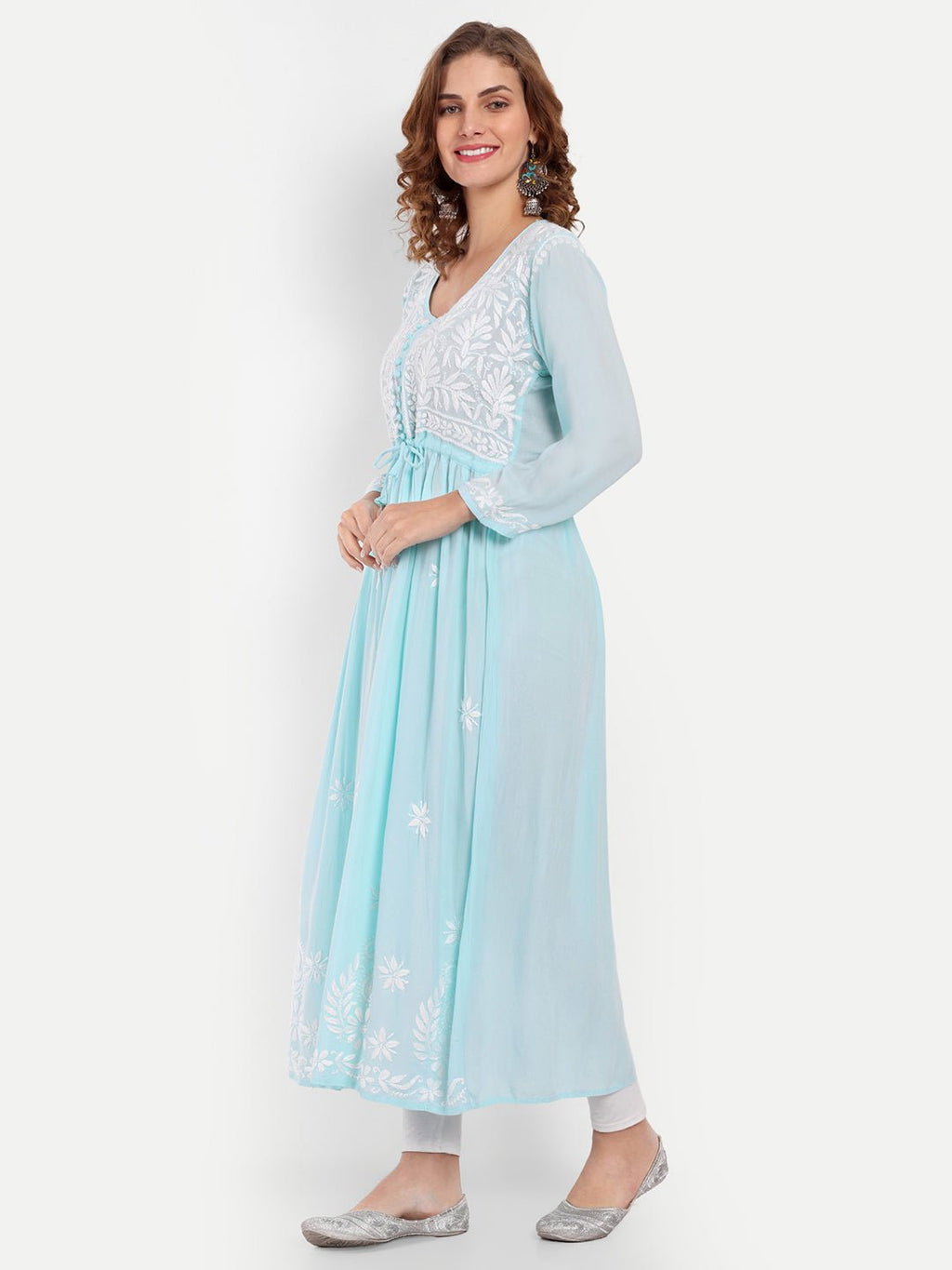 Chikankari Hand Embroidered Fit and Flare Kurta Modal Cotton - Indiankala4u