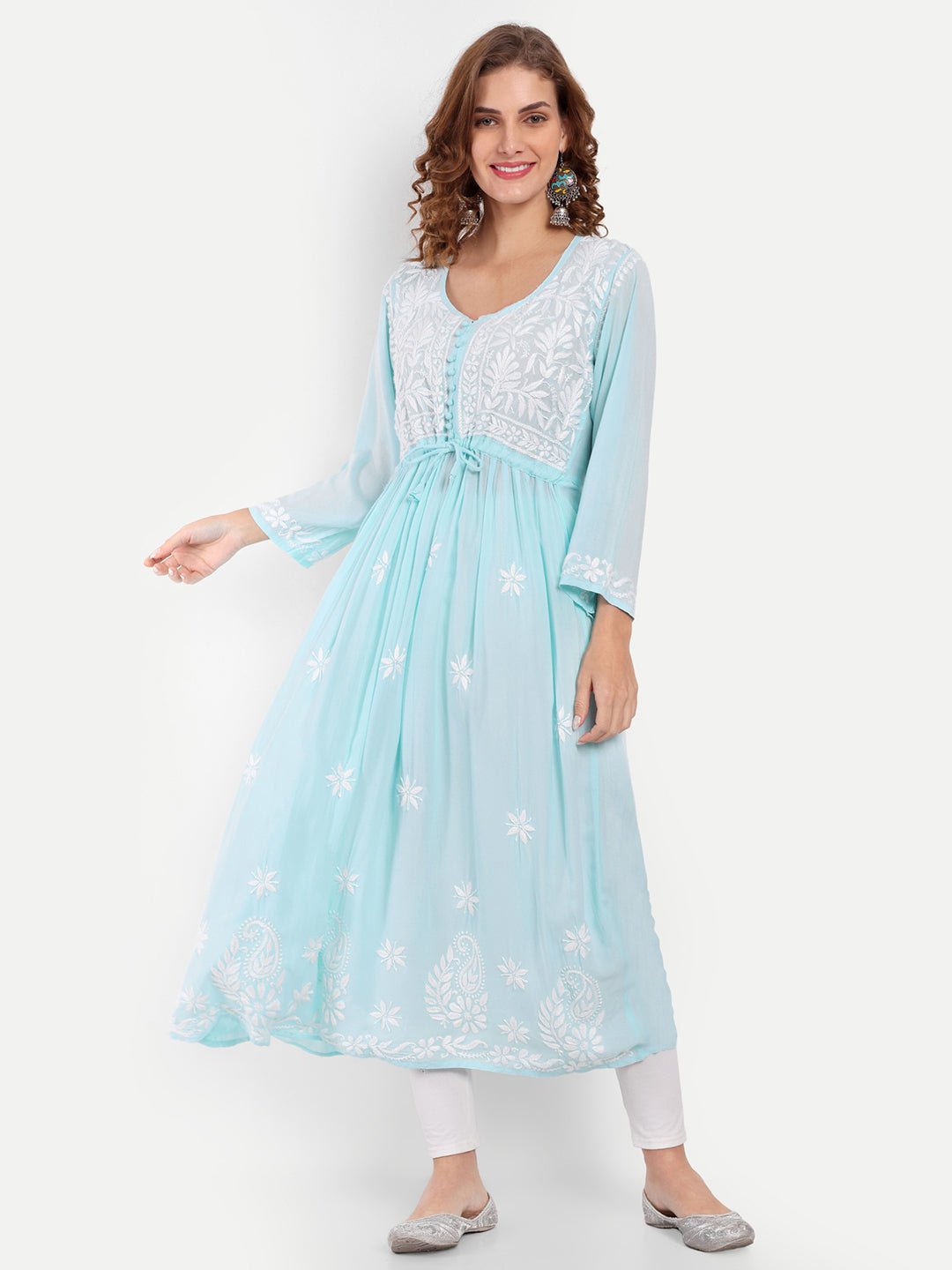 Chikankari Hand Embroidered Fit and Flare Kurta Modal Cotton - Indiankala4u