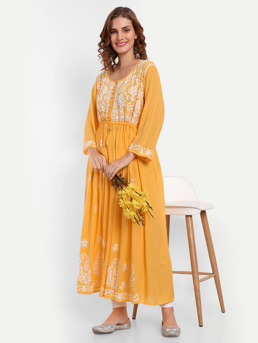 Chikankari Hand Embroidered Fit and Flare Kurta Modal Cotton - Indiankala4u