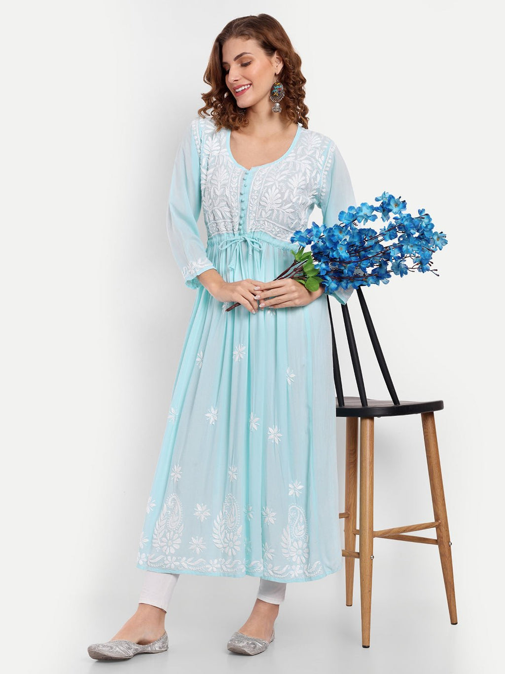 Chikankari Hand Embroidered Fit and Flare Kurta Modal Cotton - Indiankala4u