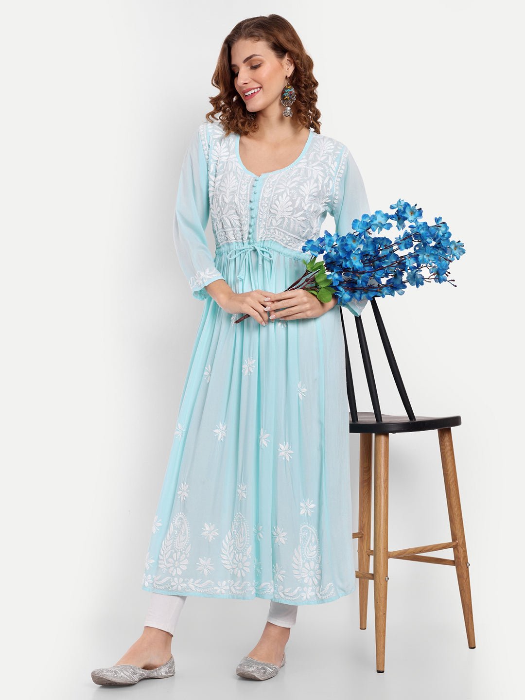 Chikankari Hand Embroidered Fit and Flare Kurta Modal Cotton - Indiankala4u