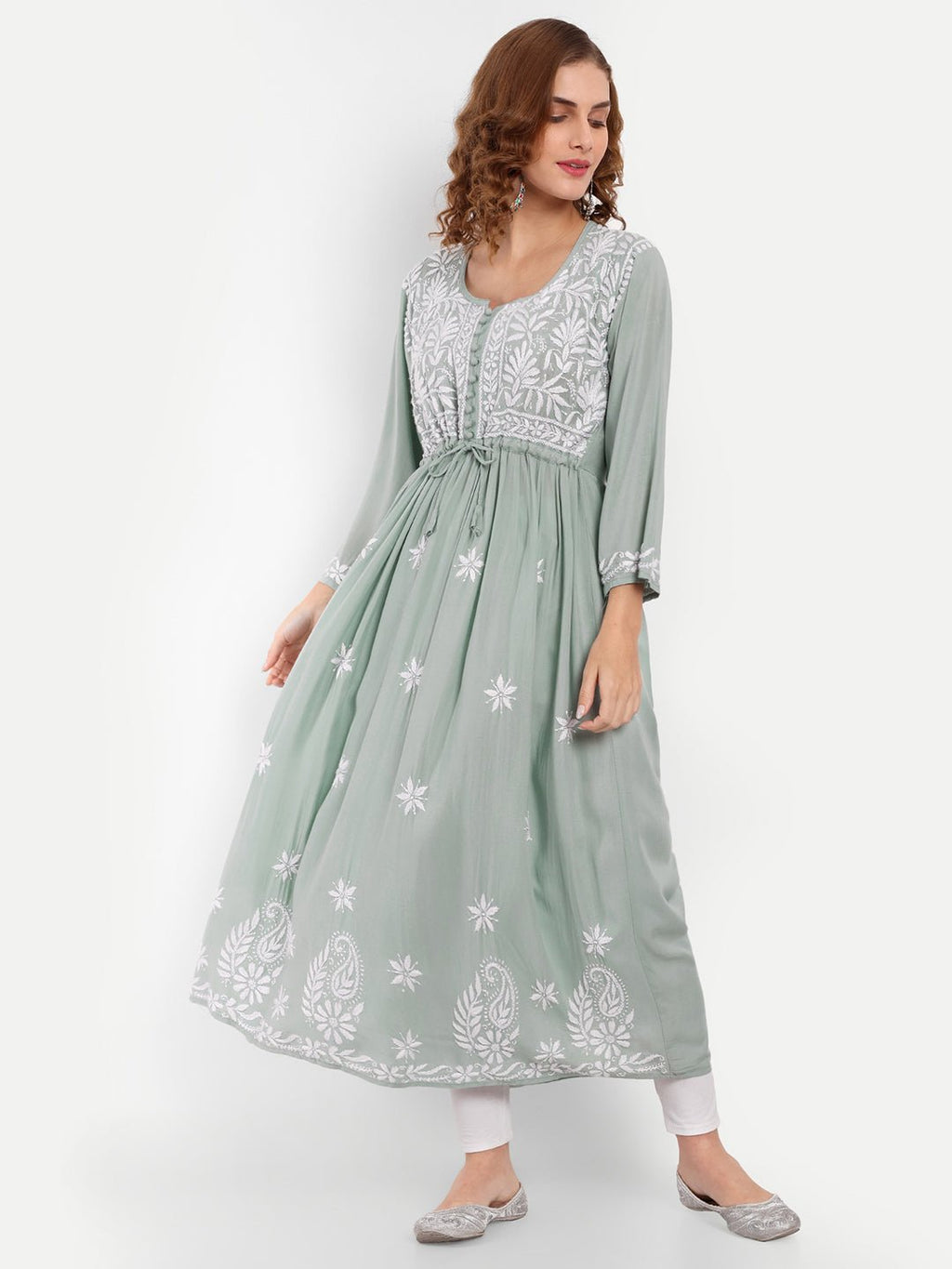 Chikankari Hand Embroidered Fit and Flare Kurta Modal Cotton - Indiankala4u